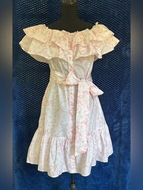 Lisa Marie Fernandez Women M Knee Dress Pink Floral Off Shoulder Ruffle Belted